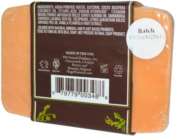 洗澡，美容，肥皂 - Hugo Naturals, Handcrafted Soap, Vanilla & Sweet Orange, 4 oz (113 g)