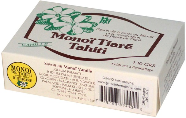 洗澡，美容，肥皂 - Monoi Tiare Tahiti, Coconut Oil Soap, Vanilla Scented, 4.55 oz (130 g)