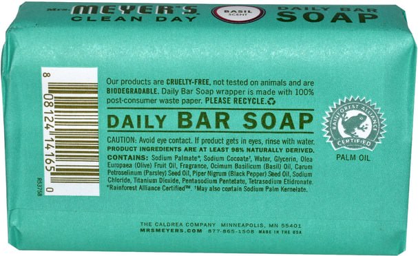 洗澡，美容，肥皂 - Mrs. Meyers Clean Day, Daily Bar Soap, Basil Scent, 5.3 oz (150 g)