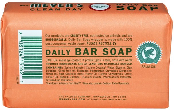 洗澡，美容，肥皂 - Mrs. Meyers Clean Day, Daily Bar Soap, Geranium Scent, 5.3 oz (150 g)