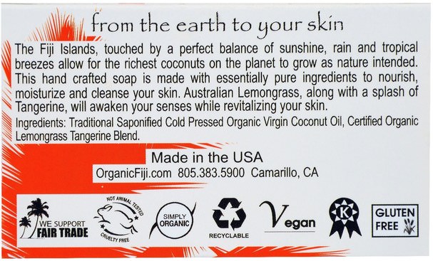 洗澡，美容，肥皂 - Organic Fiji, Organic Coconut Oil Soap, Lemongrass Tangerine, Bar, 7 oz (198 g)