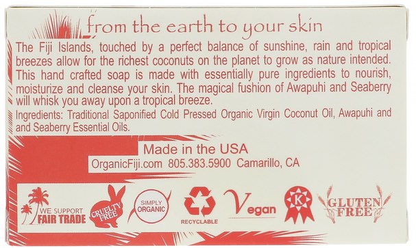 洗澡，美容，肥皂 - Organic Fiji, Organic Face and Body Coconut Oil Soap, Awapuhi Seaberry, 7 oz (198 g)