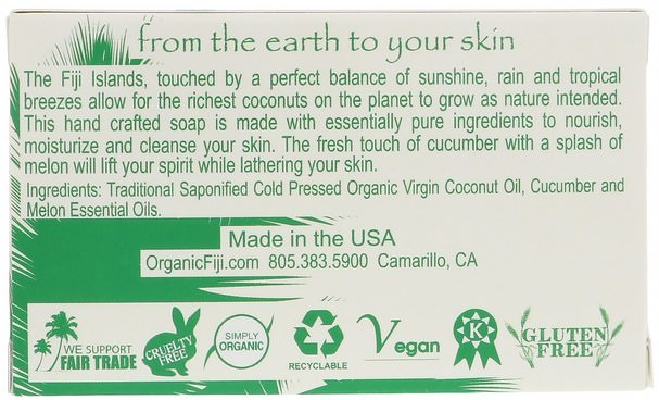 洗澡，美容，肥皂 - Organic Fiji, Organic Face and Body Coconut Oil Soap, Cucumber Melon, 7 oz (198 g)