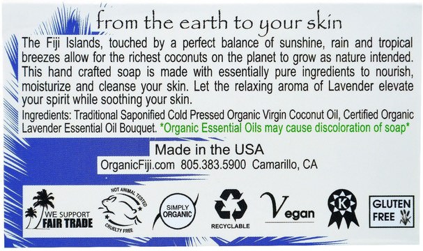 洗澡，美容，肥皂 - Organic Fiji, Organic Face and Body Coconut Oil Soap, Lavender, 7 oz (198 g)