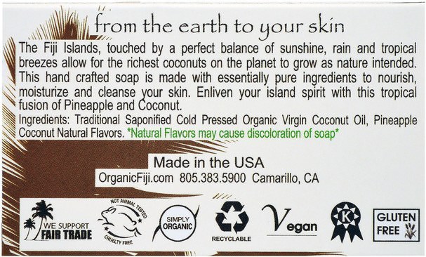 洗澡，美容，肥皂 - Organic Fiji, Organic Face and Body Coconut Oil Soap, Pineapple Coconut, 7 oz (198 g)