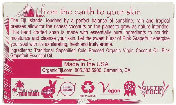 洗澡，美容，肥皂 - Organic Fiji, Organic Face and Body Coconut Oil Soap, Pink Grapefruit, 7 oz (198 g)