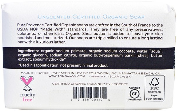 洗澡，美容，肥皂 - Pure Provence Organic Certified Organic Triple Milled Soap, Unscented, 5.3 oz (150 g)