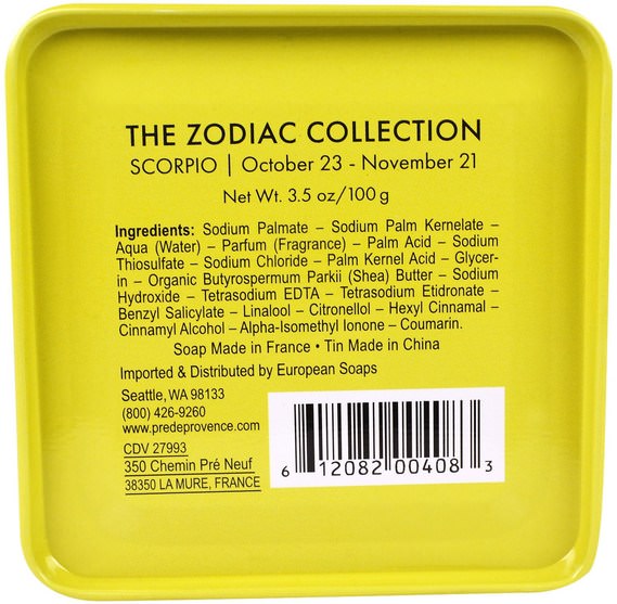 洗澡，美容，肥皂，乳木果油 - European Soaps, Pre De Provence, The Zodiac Collection, Scorpio, 3.5 oz (100 g)