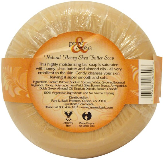 洗澡，美容，肥皂，乳木果油 - Pure & Basic, Natural Bar Soap, Honey Shea Butter, 6.4 oz (180 g)