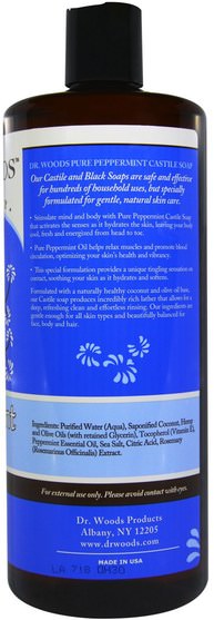 洗澡，美容，肥皂，沐浴露 - Dr. Woods, Peppermint Castile Soap, 32 fl oz (946 ml)