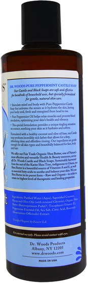 洗澡，美容，肥皂，沐浴露 - Dr. Woods, Peppermint Castile Soap with Fair Trade Shea Butter, 16 fl oz (473 ml)