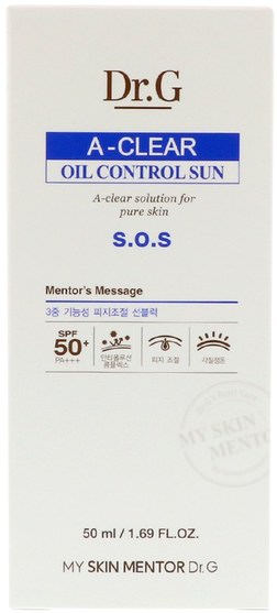 洗澡，美容，防曬霜，面部護理 - Dr. G, A-Clear, Oil Control Sun Cream SPF50+ PA++, 1.69 fl oz (50 ml)