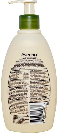 洗澡，美容，防曬霜，spf 05-25，身體 - Aveeno, Active Naturals, Daily Moisturizing Lotion with Sunscreen, SPF 15, 12 fl oz (354 ml)