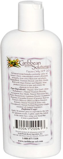 洗澡，美容，防曬霜，spf 05-25 - Caribbean Solutions, Faces Only SPF 20, Natural Skin Care, 4 oz