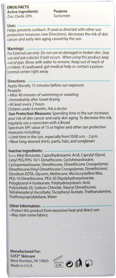 洗澡，美容，防曬霜，spf 30-45 - Cotz, The Healthier Sunscreen, Sensitive, SPF 40, 3.5 oz (100 g)