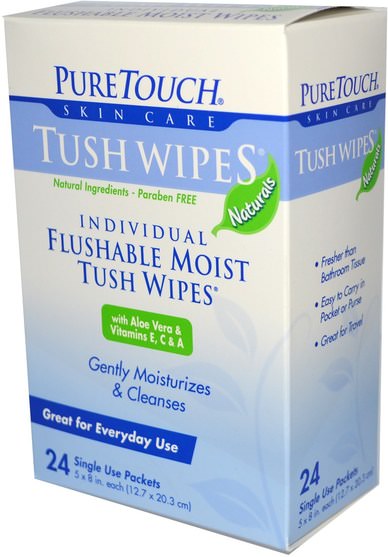 洗澡，美容，衛生紙 - PureTouch Skin Care, Individual Flushable Moist Tush Wipes, 24 Single Use Packets