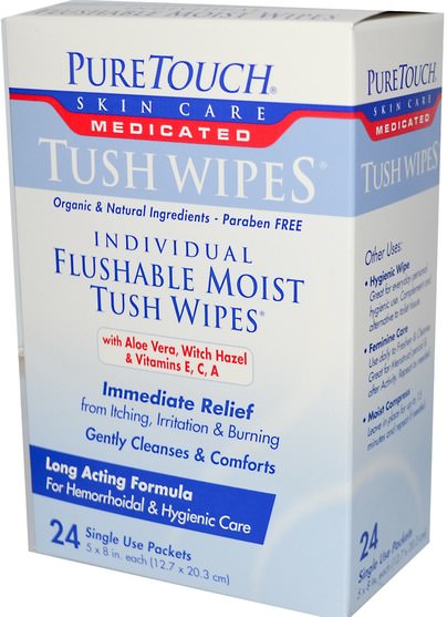 洗澡，美容，衛生紙 - PureTouch Skin Care, Medicated Tush Wipes, 24 Single Use Packets, 5 in x 8 in Each