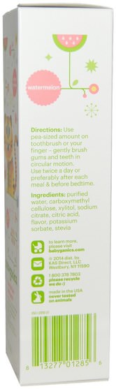 洗澡，美容，牙膏，兒童和嬰兒牙膏 - BabyGanics, Fluoride Free Toothpaste, Watermelon, 4 oz (113 g)