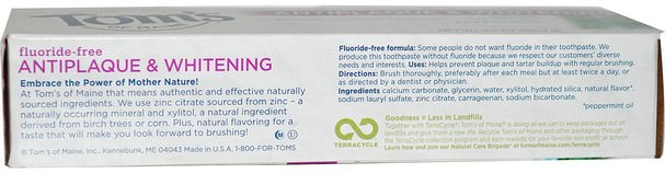 沐浴，美容，牙膏，口腔牙齒護理，牙齒美白 - Toms of Maine, Antiplaque & Whitening, Fluoride-Free Toothpaste, Peppermint, 5.5 oz (155.9 g)