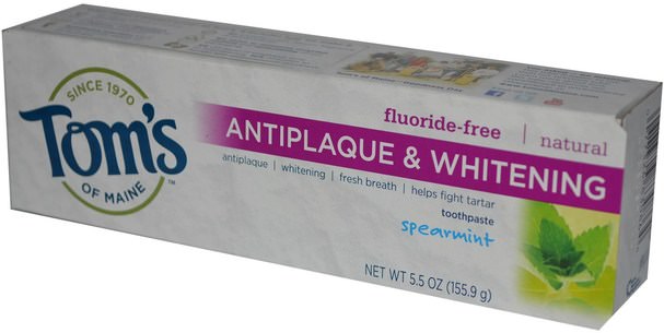 沐浴，美容，牙膏，口腔牙齒護理，牙齒美白 - Toms of Maine, Antiplaque & Whitening, Fluoride-Free Toothpaste, Spearmint, 5.5 oz (155.9 g)