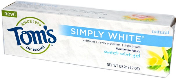 沐浴，美容，牙膏，口腔牙齒護理，牙齒美白 - Toms of Maine, Simply White, Fluoride Toothpaste, Sweet Mint Gel, 4.7 oz (133.2 g)