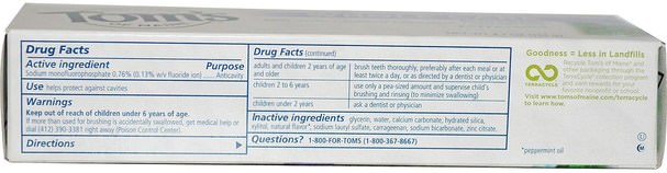 沐浴，美容，牙膏，口腔牙齒護理，牙齒美白 - Toms of Maine, Whole Care Fluoride Toothpaste, Peppermint, 4.7 oz (133 g)