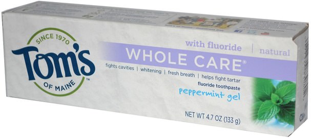 沐浴，美容，牙膏，口腔牙齒護理，牙齒美白 - Toms of Maine, Whole Care Fluoride Toothpaste, Peppermint Gel, 4.7 oz (133 g)