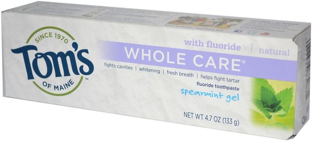 沐浴，美容，牙膏，口腔牙齒護理，牙齒美白 - Toms of Maine, Whole Care Fluoride Toothpaste, Spearmint Gel, 4.7 oz (133 g)