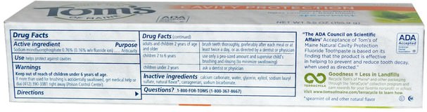 洗澡，美容，牙膏 - Toms of Maine, Cavity Protection Fluoride Toothpaste, Spearmint, 5.5 oz (155.9 g)
