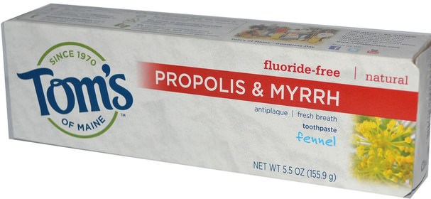 洗澡，美容，牙膏 - Toms of Maine, Natural Antiplaque, Propolis & Myrrh Toothpaste, Fluoride-Free, Fennel, 5.5 oz (155.9 g)