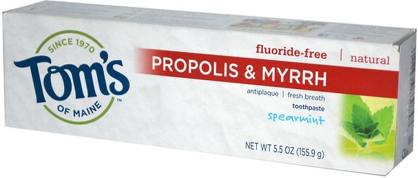 洗澡，美容，牙膏 - Toms of Maine, Propolis & Myrrh, Fluoride-Free Toothpaste, Spearmint, 5.5 oz (155.9 g)