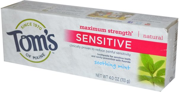 洗澡，美容，牙膏 - Toms of Maine, Sensitive Toothpaste, Maximum Strength, Soothing Mint, 4 oz (113 g)
