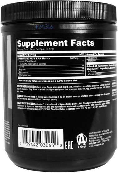 bcaa（支鏈氨基酸），運動，鍛煉，運動 - Universal Nutrition, Animal Enhanced BCAA, Juiced Aminos, Grape Juiced, 376 g