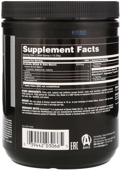 bcaa（支鏈氨基酸），運動，鍛煉，運動 - Universal Nutrition, Animal Juiced Aminos, Enhanced BCAA, Orange Juiced, 368 g