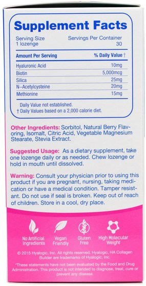 美容，抗衰老，透明質酸 - Hyalogic Hyaluronic Acid for Hair, Skin & Nails, Mixed Berry Flavor, 30 Chewable Lozenges