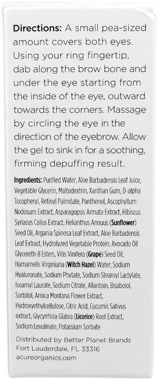 美容，眼霜 - Acure Organics, Tightening Eye Contour, Seaweed + Hibiscus Stem Cells.5 fl oz (14.7 ml)