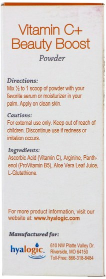 美容，面部護理，美白面部護理 - Hyalogic Vitamin C+ Beauty Boost Powder, 0.21 oz (6.0 g)