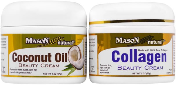 美容，面部護理，面霜，乳液，浴，禮品套裝 - Mason Naturals, Coconut Oil Beauty Cream + Collagen Beauty Cream, 2 Jars, 2 oz (57 g) Each