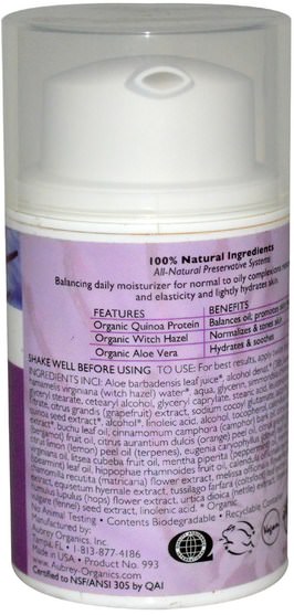 美容，面部護理，面霜，乳液，健康，皮膚 - Aubrey Organics, Every Day Basics Moisturizer, Normal / Oily Skin, 1.7 fl oz (50 ml)