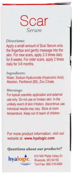美容，面部護理，面霜乳液，血清，健康，皮膚，妊娠紋疤痕 - Hyalogic Scar Serum with Hyaluronic Acid & Allantoin & B5, 5 fl oz (15 ml)