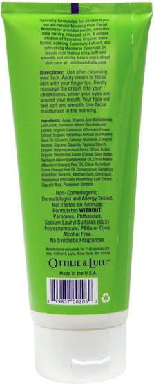 美容，面部護理，面霜，乳液，皮膚 - Ottilie Lulu, Morning Pure Facial Moisturizer, Southing Mandarin Sandalwood Scent, 3 fl oz (88 ml)