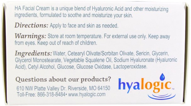 美容，面部護理，面霜，乳液，抗皺霜，透明質酸皮膚 - Hyalogic HA Facial Cream with Hyaluronic Acid, 2 fl oz (56.7 g)