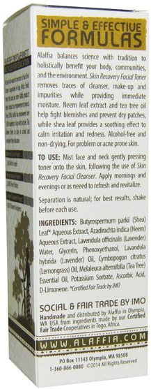 美容，面部護理，面部護理，皮膚類型中性至乾性皮膚 - Alaffia, Skin Recovery Facial Toner, Neem & Shea, 3.4 fl oz (100 ml)