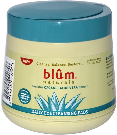 美容，面部護理，洗面奶 - Blum Naturals, Daily Eye Cleansing Pads, Organic Aloe Vera Extract, 50 Pads