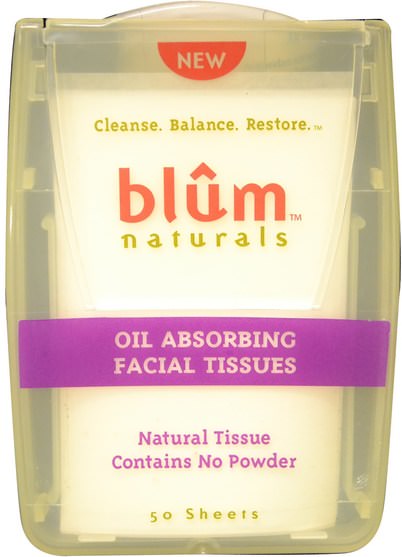美容，面部護理，面部濕巾 - Blum Naturals, Oil Absorbing Facial Tissues, 50 Sheets