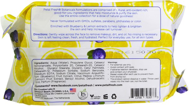 美容，面部護理，面部濕巾 - Petal Fresh, Botanicals, Repairing Facial Wipes, Blueberry & Lemon, 60 Wipes