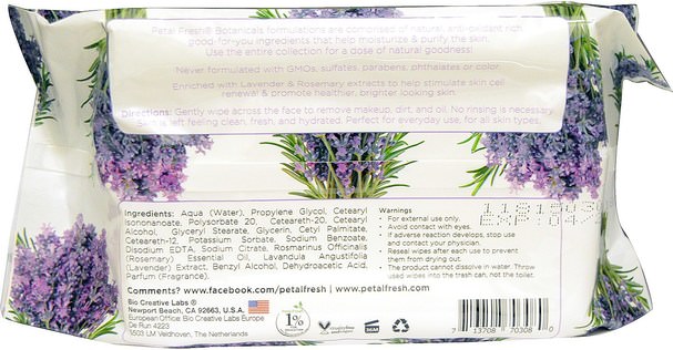 美容，面部護理，面部濕巾 - Petal Fresh, Calming Facial Wipes, Lavender & Rosemary, 60 Wipes