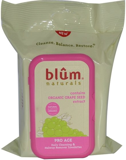 美容，面部護理，皮膚類型抗衰老皮膚，面部濕巾 - Blum Naturals, Daily Cleansing & Makeup Remover Towelettes, Pro-Age, 30 Thick Towelettes