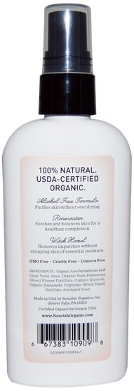 美容，面部護理，皮膚類型正常至乾性皮膚，面部調色劑 - Nourish Organic Refreshing & Balancing Face Toner Rosewater + Witch Hazel, 3.0 fl oz (88 ml)