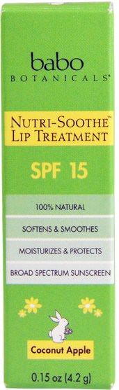 美容，面部護理，spf面部護理，沐浴，唇部護理 - Babo Botanicals, Nutri-Soothe Lip Treatment, SPF 15, Coconut Apple, 0.15 oz (4.2 g)